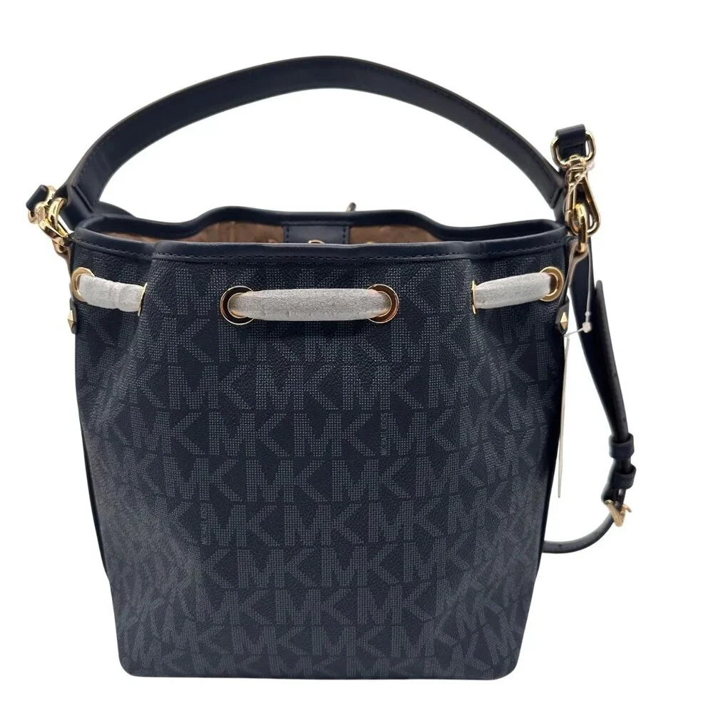 Michael Kors MK Signature Blue Bucket Bag Designer Logo Tote Gold Hardware